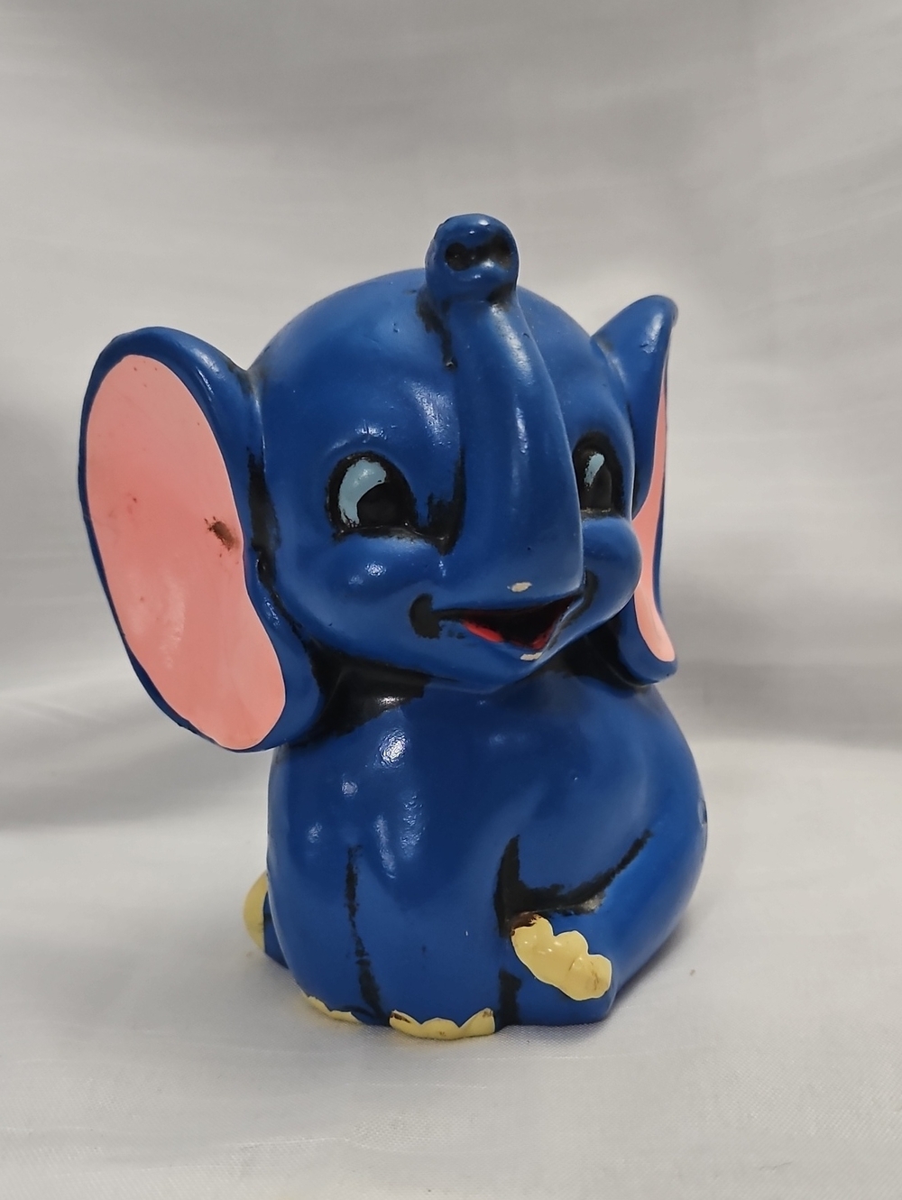 Blue Elephant Chalkware Piggy Bank Figurine with Pink Ears Vintage